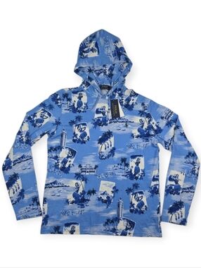 Polo Ralph Lauren Men's Medium Blue Tropical Hawaiian Print Hooded Shirt NWT